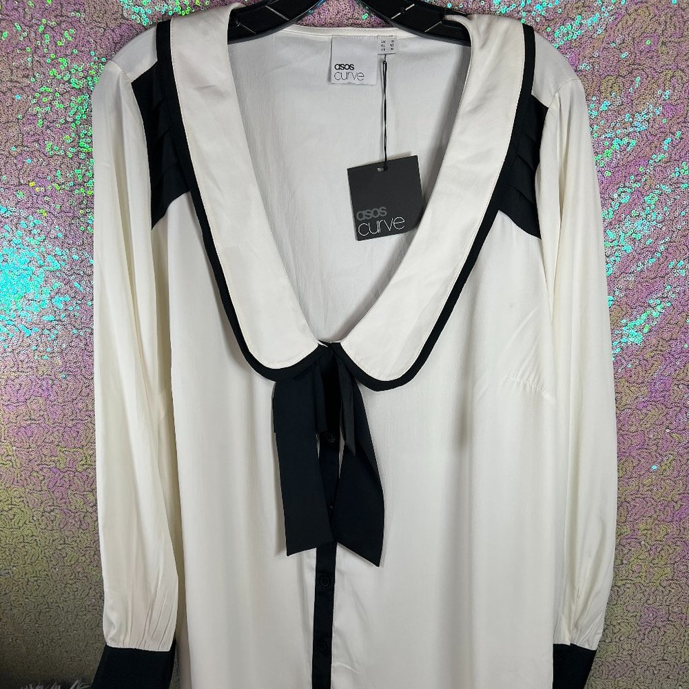 ASOS Curve Sheer Black and White Top With Tie Size 14 NWT
